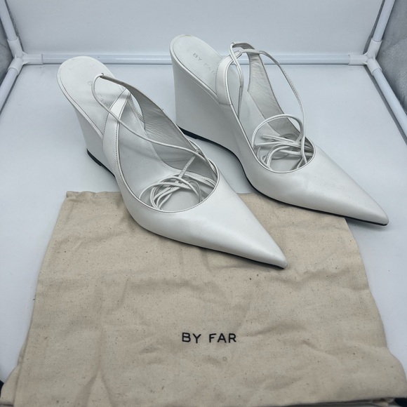 BY FAR Vaughn White Nappa Leather Wedge Gladiator Lace Up Pointed Heels sz 40 - Picture 4 of 13